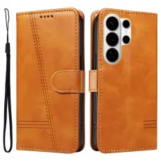 OEM - T-Shape Samsung Galaxy S26 Ultra Pl&aring;nboksfodral Konstl&auml;der St&auml;ll - Brun