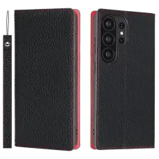 OEM - Pl&aring;nboksfodral f&ouml;r Samsung Galaxy S26 Ultra &Auml;kta l&auml;der - Svart