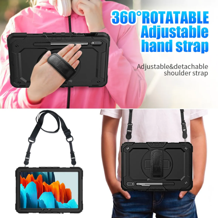 A-One Brand - Galaxy Tab S7/S8 Skal Shock-Resistant Hybrid med Axelrem - Svart