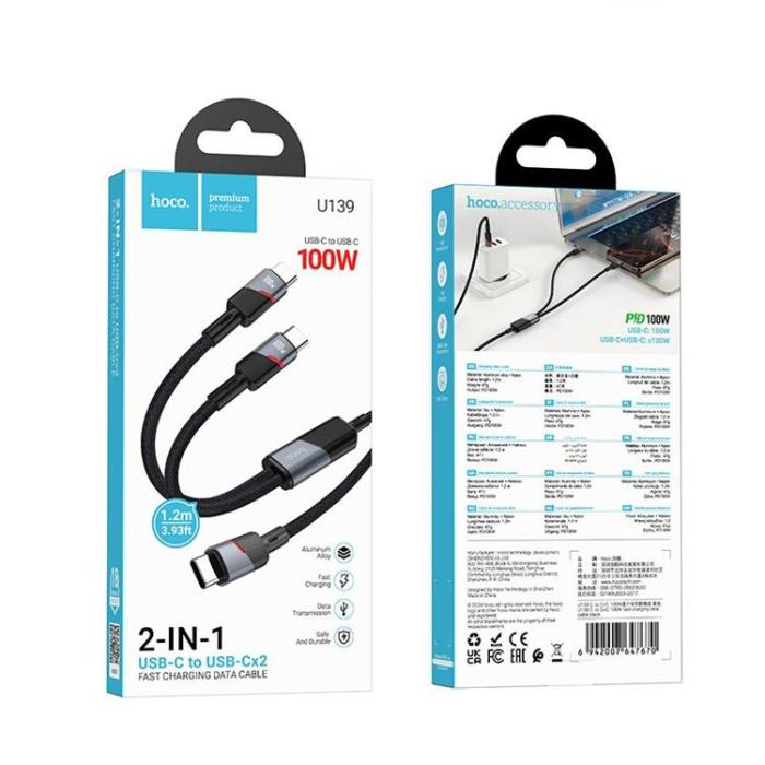 Hoco - HOCO 2in1 USB C - USB-C/USB C 100W 5A Kabel 1.2m U139 Svart