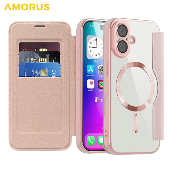 Amorus - AMORUS iPhone 17 Plånboksfodral MagSafe RFID Blocking - Rosa