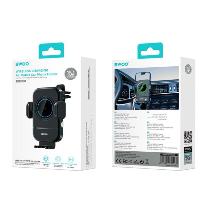 BWOO - BWOO Bilhållare med 15W Trådlös Laddare ZJ137 - Svart