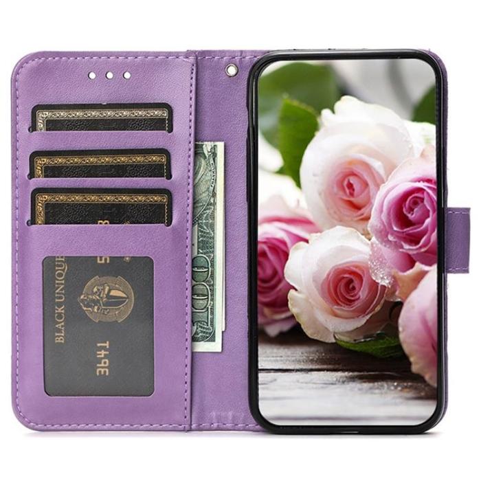A-One Brand - Galaxy S25 Konstläder Plånboksfodral Imprinted Rosa Butterfly - Lila