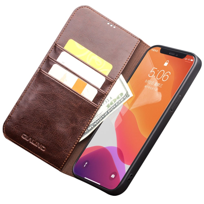 QIALINO - QIALINO iPhone 12 Pro Max Plånboksfodral Äkta Läder Shockproof