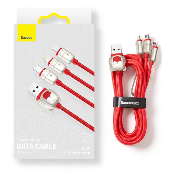 UTGATT5 - Baseus Tiger 3in1 Lightning USB-C Micro USB Kabel 1.2m - Röd