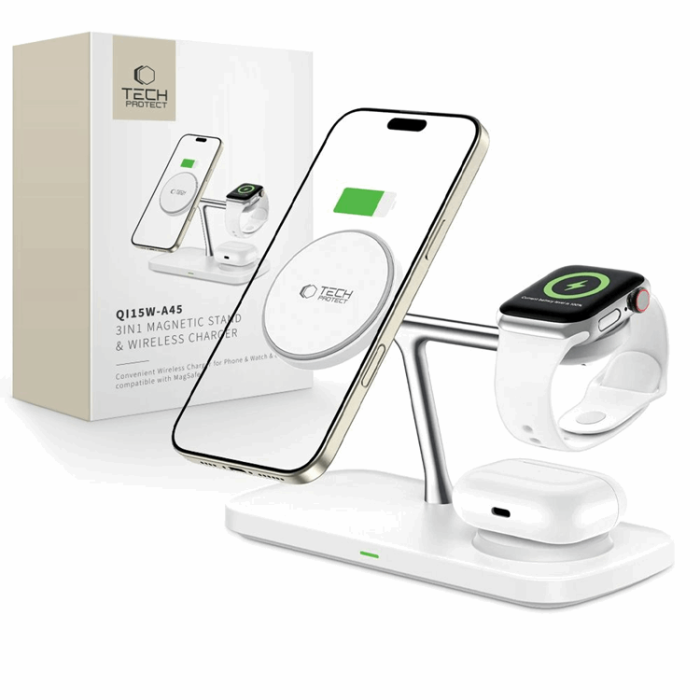 Tech-Protect - 3-in-1 Magsafe Trådlös Laddare iPhone, Apple Watch, AirPods Qi 15W