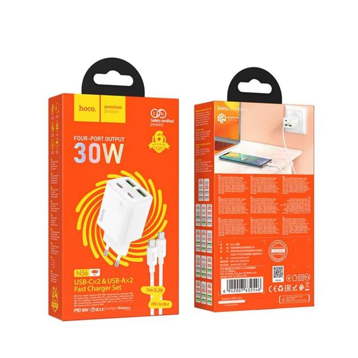 Hoco - Hoco Snabbladdare PD 30W 2xUSB-A 2xUSB-C QC3.0 3A med USB-C Kabel N56 - Vit