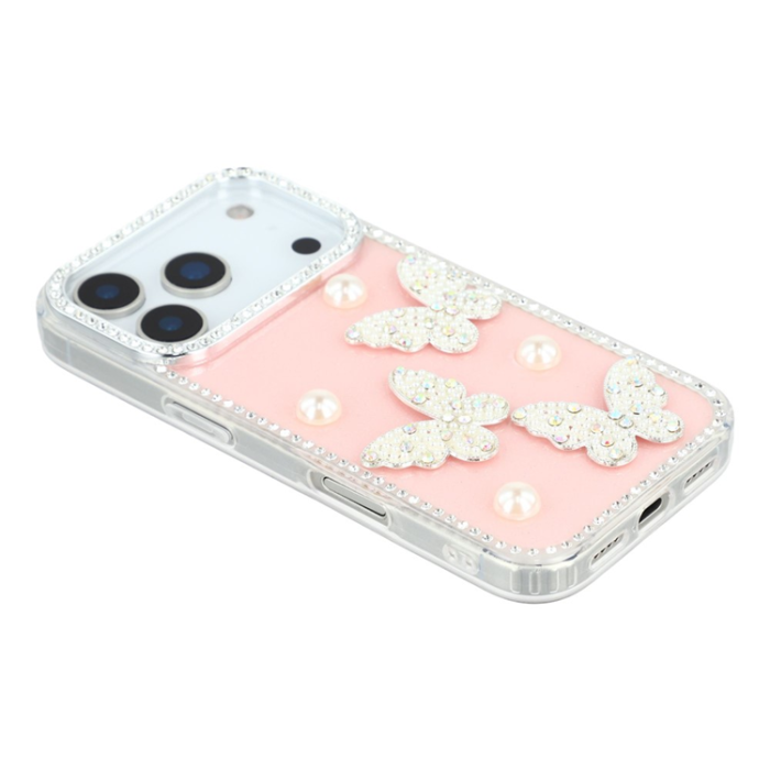 A-One Brand - iPhone 17 Pro Max Mobilskal Rhinestone Edge Pearl Butterfly