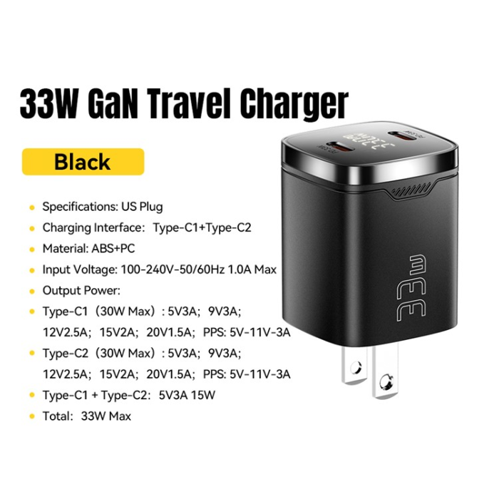 ESSAGER - ESSAGER GaN Snabbladdare 33W 2x USB-C med LED US - Svart