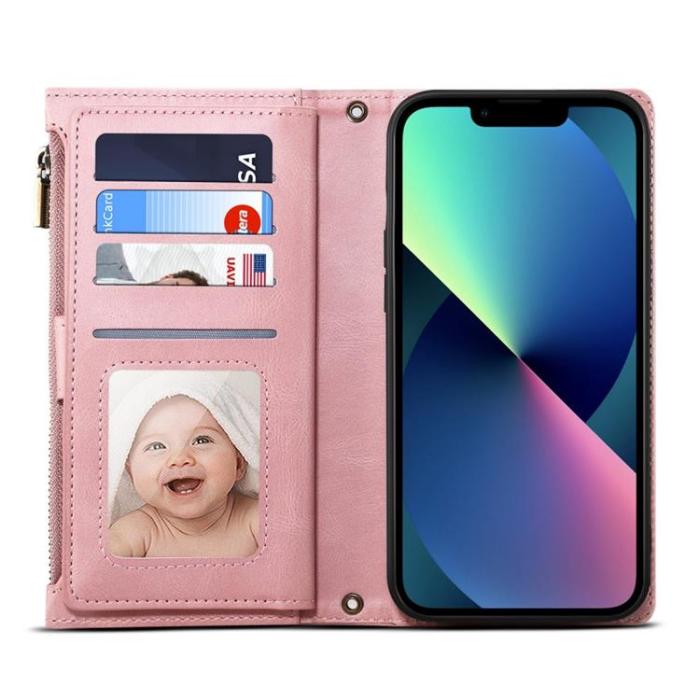 A-One Brand - iPhone 14 Plus Plånboksfodral Flap Zipper Strap - Rosa