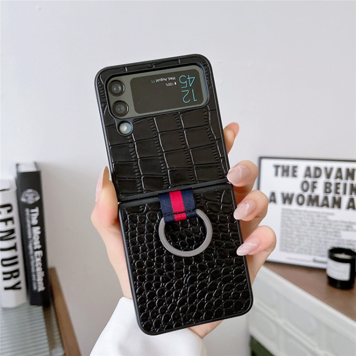 A-One Brand - Galaxy Z Flip 4 Mobilskal Äkta Läder Fingerringhållare - Svart
