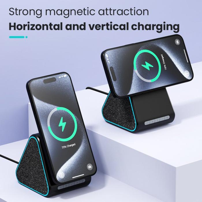 OEM - DM-23 15W Trådlös laddare med telefonställ och Bluetooth-högtalare