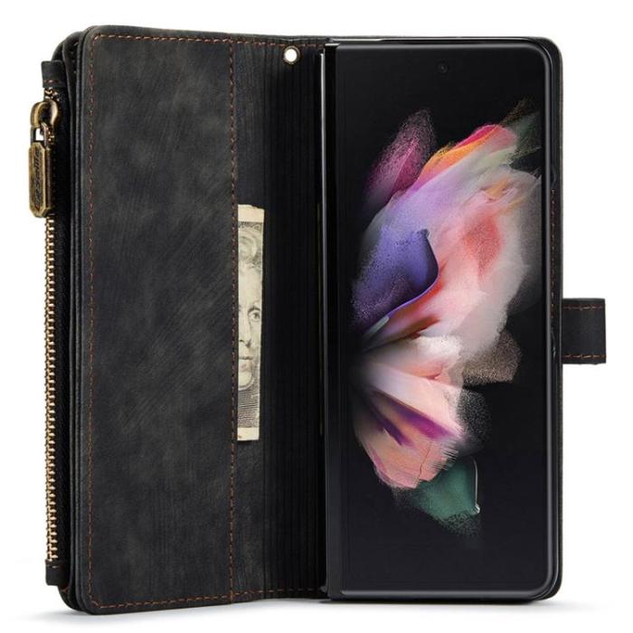 Caseme - CASEME Galaxy Z Fold 4 Plånboksfodral Zipper PU-Läder Stativ - Svart