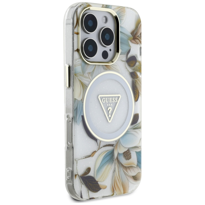 Guess - Guess iPhone 16 Pro Mobilskal Magsafe Glitter Flowers - Vit