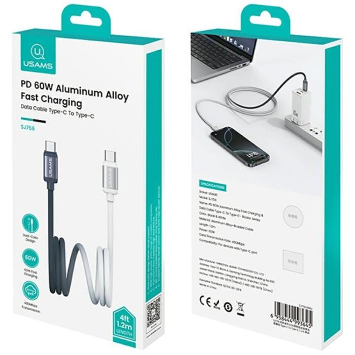 USAMS - USAMS USB-C till USB-C Kabel PD 60W 1.2m Bicolor SJ756 - Svart/Vit