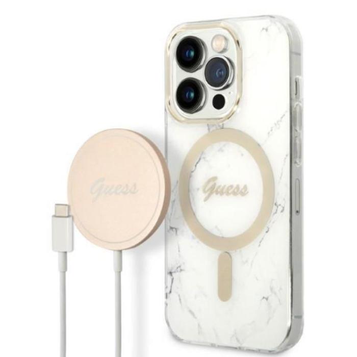 UTGATT1 - GUESS iPhone 14 Pro Magsafe Skal Marble + Trådlös Laddare - Vit