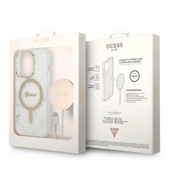 UTGATT1 - GUESS iPhone 14 Pro Magsafe Skal Marble + Trådlös Laddare - Vit