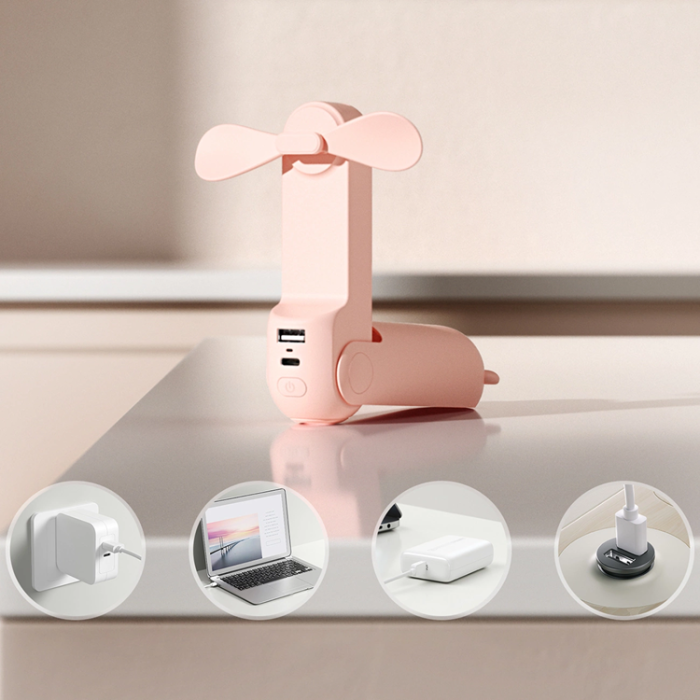 Jisulife - Jisulife Mini Bärbar USB Handfläkt med Powerbank 2000 mAh Life8 - Rosa