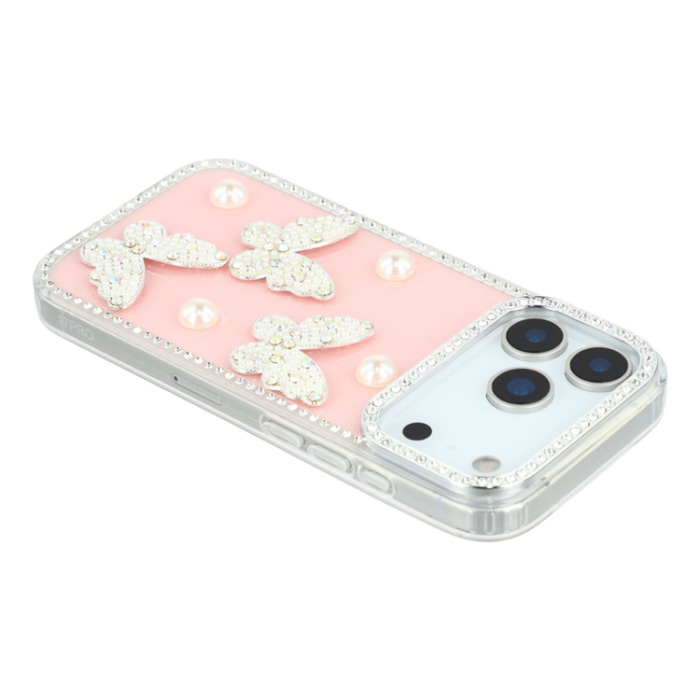 A-One Brand - iPhone 17 Pro Max Mobilskal Rhinestone Edge Pearl Butterfly