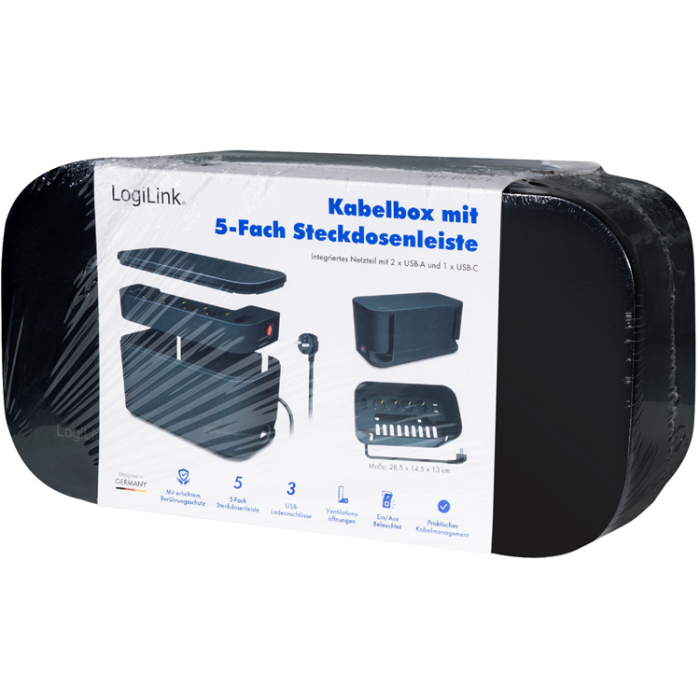 LogiLink - LogiLink Cable box - Kabelgömma med grenuttag + USB-A/USB-C-laddning Svart