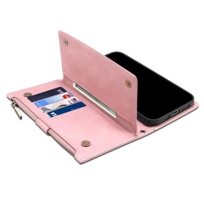 A-One Brand - iPhone 14 Plus Plånboksfodral Flap Zipper Strap - Rosa