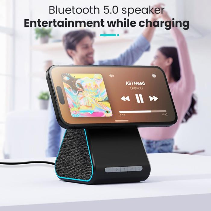OEM - DM-23 15W Trådlös laddare med telefonställ och Bluetooth-högtalare