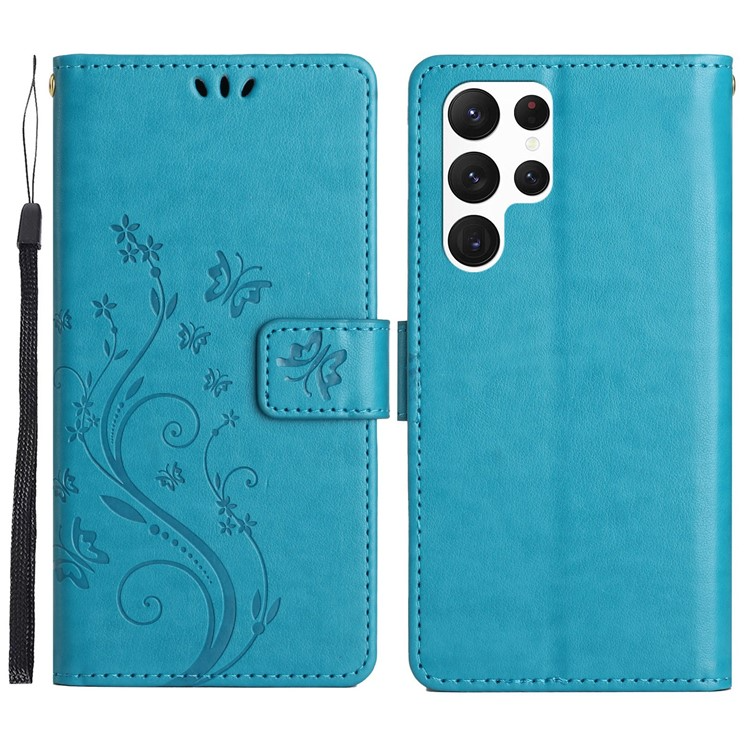 Galaxy S23 Ultra Plånboksfodral Imprinting Flower Butterfly - Blå | 2353 | AlltMobil