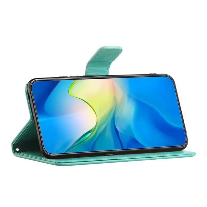OEM - Samsung Galaxy A57 Plånboksfodral Konstläder Ställ Imprimerad Fjäril - Cyan