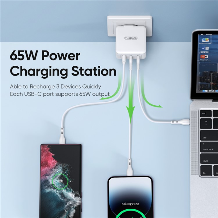 USAMS - DUZZONA GaN Snabbladdare 65W USB-A/2x USB-C EU T9 PD - Vit