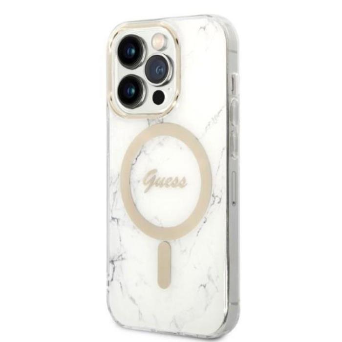 UTGATT1 - GUESS iPhone 14 Pro Magsafe Skal Marble + Trådlös Laddare - Vit