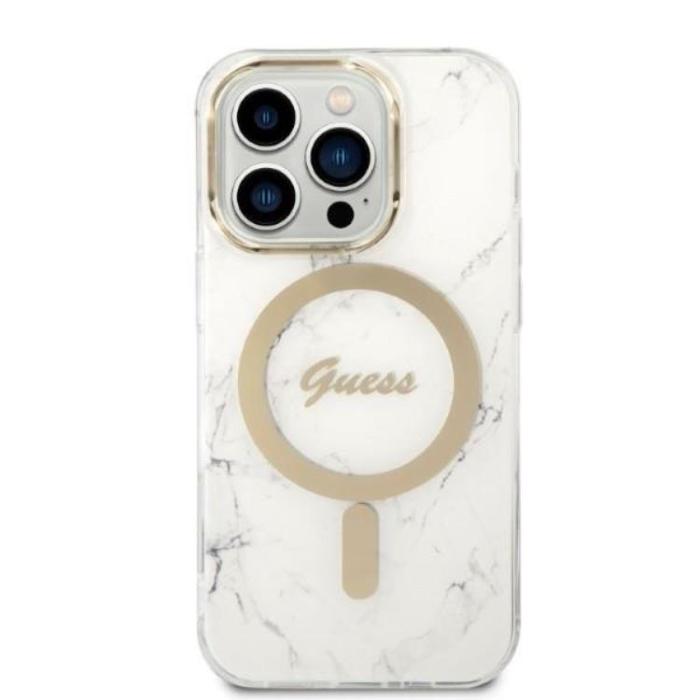 UTGATT1 - GUESS iPhone 14 Pro Magsafe Skal Marble + Trådlös Laddare - Vit