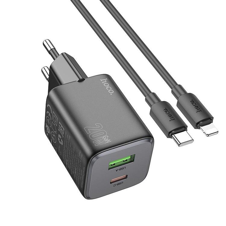 Hoco Väggladdare 1xUSB-C 1xUSB-A 20W + Lightning Kabel N41 - Svart (Svart) | 505295 | AlltMobil