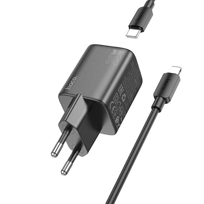Hoco - Hoco Väggladdare 1xUSB-C 1xUSB-A 20W + Lightning Kabel N41 - Svart