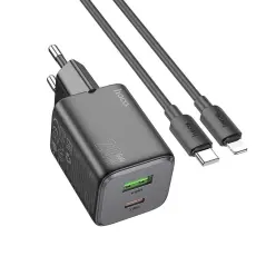 Hoco - Hoco Väggladdare 1xUSB-C 1xUSB-A 20W + Lightning Kabel N41 - Svart