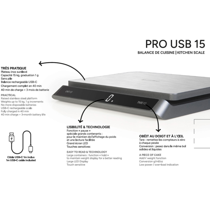 Terraillon - Terraillon Köksvåg PRO USB-C 15kg Rostfritt IP67