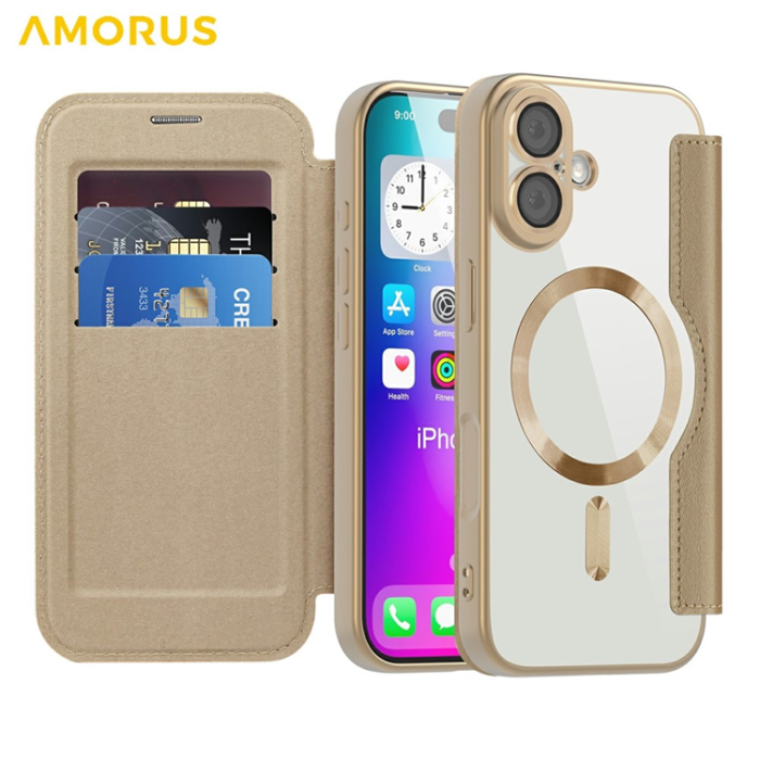 Amorus - AMORUS iPhone 17 Plånboksfodral MagSafe RFID Blocking - Guld