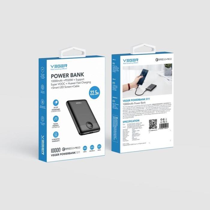 Veger - VEGER Powerbank 10000 mAh PD QC 3.0 2A 22.5W S11 - Svart