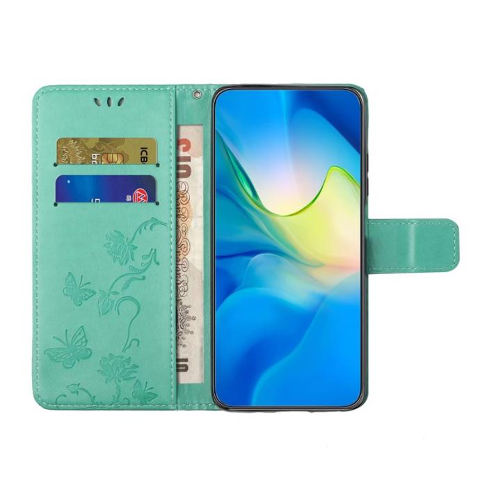 OEM - Samsung Galaxy A57 Plånboksfodral Konstläder Ställ Imprimerad Fjäril - Cyan