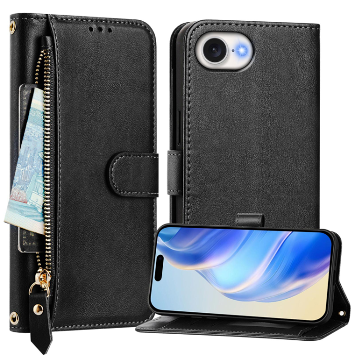 A-One Brand - iPhone 16e Plånboksfodral Zipper Pocket Läder - Svart