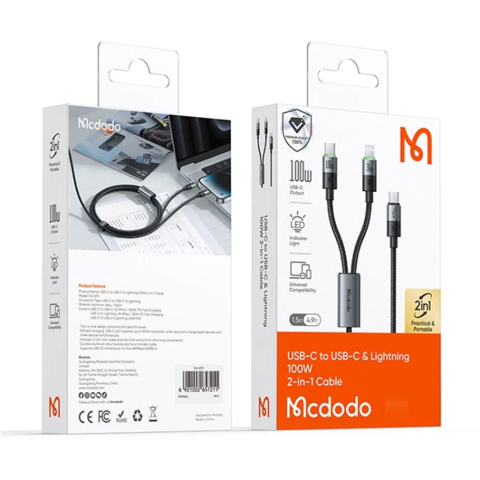MCDODO - MCDODO 2in1 USB-C - USB-C/Lightning Kabel 1.5m CA-6700 - Svart