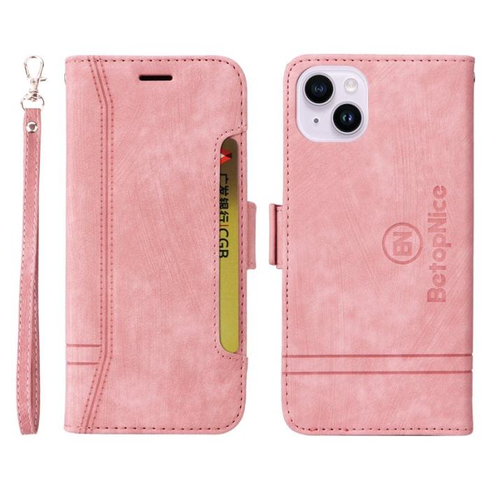 BETOPNICE - BETOPNICE 001 iPhone 15 Plus Plånboksfodral Konstläder - Rosa