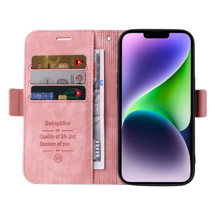 BETOPNICE - BETOPNICE 001 iPhone 15 Plus Plånboksfodral Konstläder - Rosa