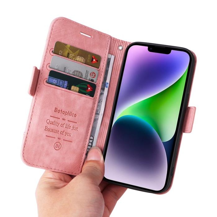 BETOPNICE - BETOPNICE 001 iPhone 15 Plus Plånboksfodral Konstläder - Rosa