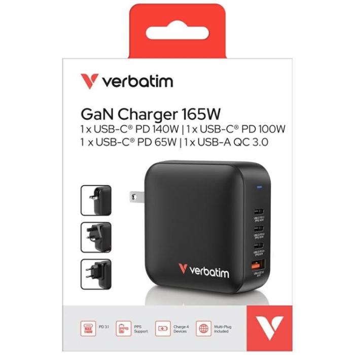Verbatim - Verbatim Snabbladdare 165W PD 3xUSB-C QC 1xUSB-A GaN Mini - Svart