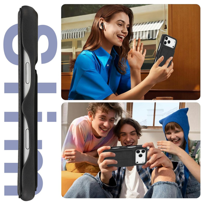 LC.imeeke - LC.IMEEKE iPhone 17 Pro Max Fodral Kortfickor Äkta Läder - Svart