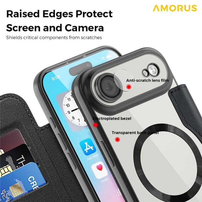 Amorus - AMORUS iPhone Air Plånboksfodral MagSafe RFID - Svart