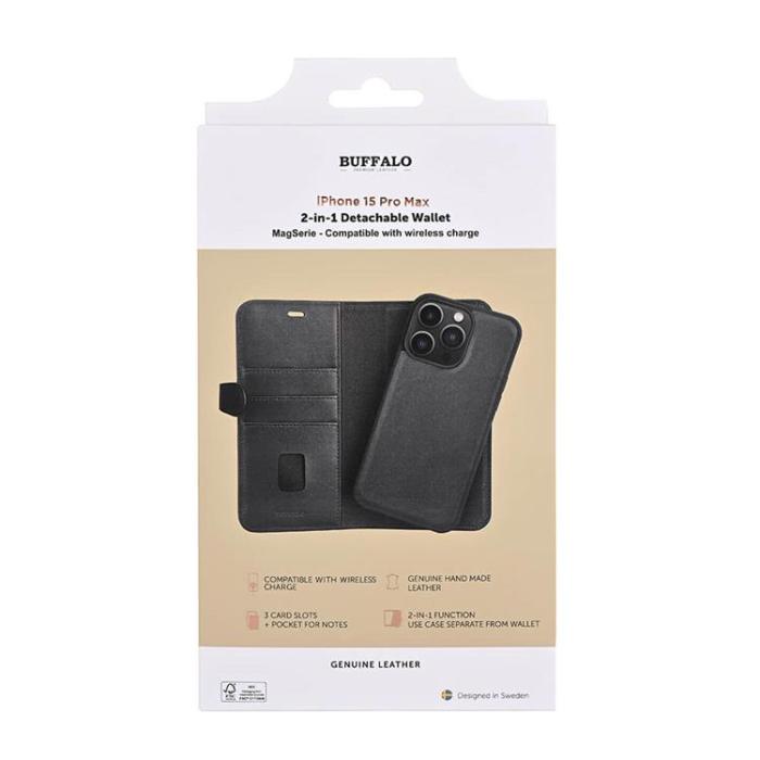 BUFFALO - BUFFALO äkta läder iPhone 15 Pro Max Plånboksfodral Magsafe 3 Slots - Svart