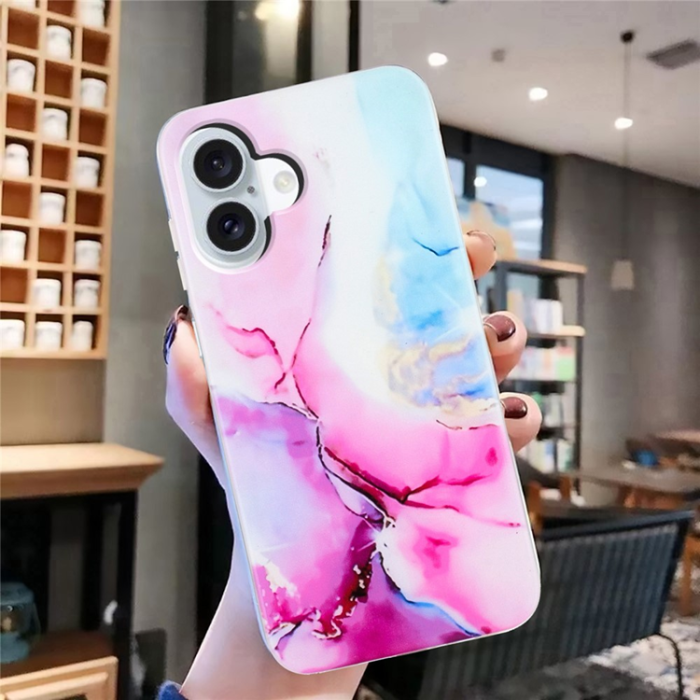 A-One Brand - iPhone 17 Mobilskal Marble Pattern Painted TPU - Rosa / Blå