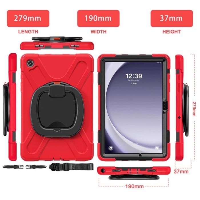 A-One Brand - Galaxy Tab A9 Plus Skal Kickstand Handle Grip - Röd / Svart