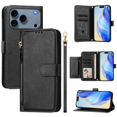 A-One Brand - iPhone 17 Pro Plånboksfodral Zipper Pocket Läder - Svart